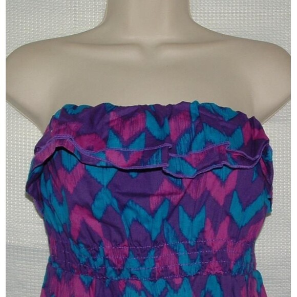 LIKE NEW Multicolored Sz Jr Small 3/5 Strapless Cotton Ruffled Sun Mini Dress OP - Picture 2 of 4